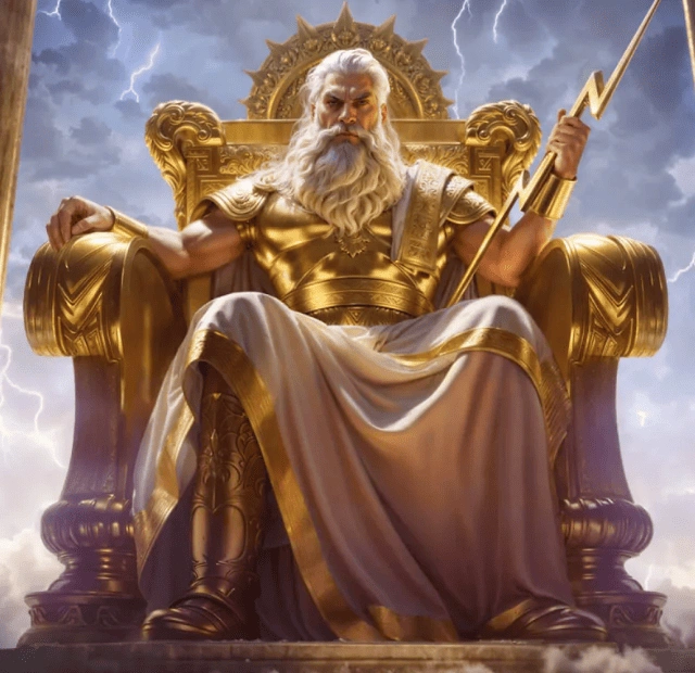 Golden Zeus-inspired god seated on an ornate throne with lightning bolt, symbolizing power and mythology for Cazeus Casino branding.
