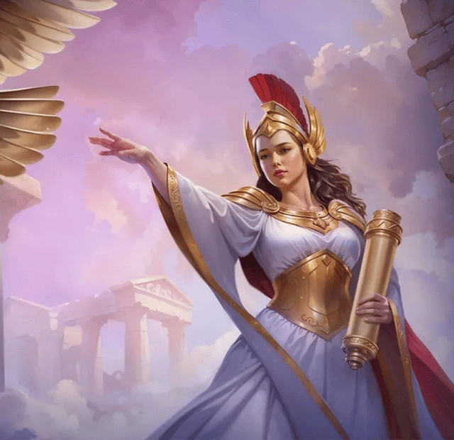 Cazeus Casino mythological goddess mascot in Greek temple background.